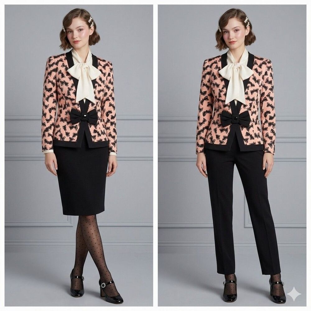 2PC Vtg Pink Black BOW Cocktail Skirt Suit faux silk Set Size 6 7 Small Coquette - Picture 15 of 15